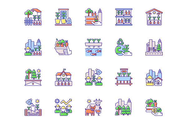 Urban farming RGB color icons set