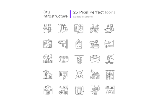 Urban infrastructure pixel perfect linear icons set