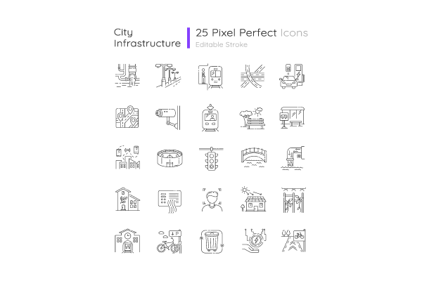 Urban infrastructure pixel perfect linear icons set