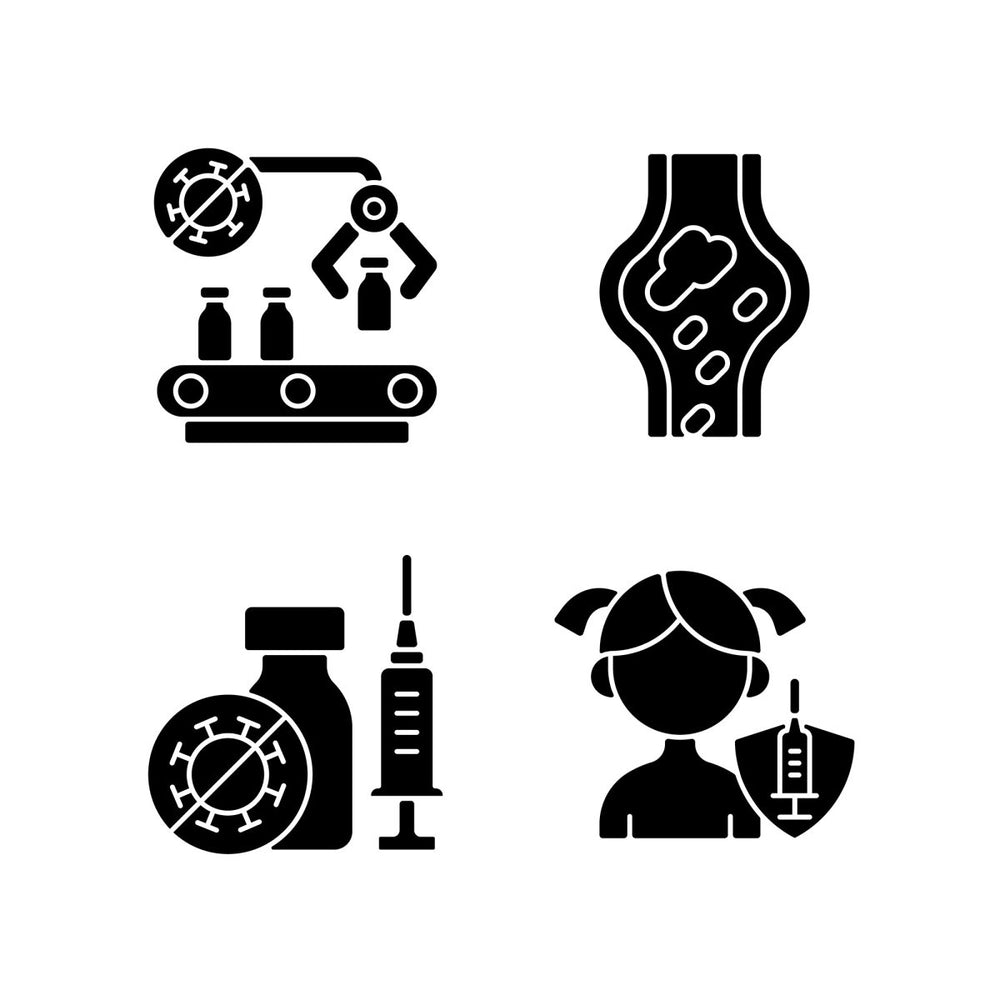 Vaccination and covid passport black glyph icons set on white space