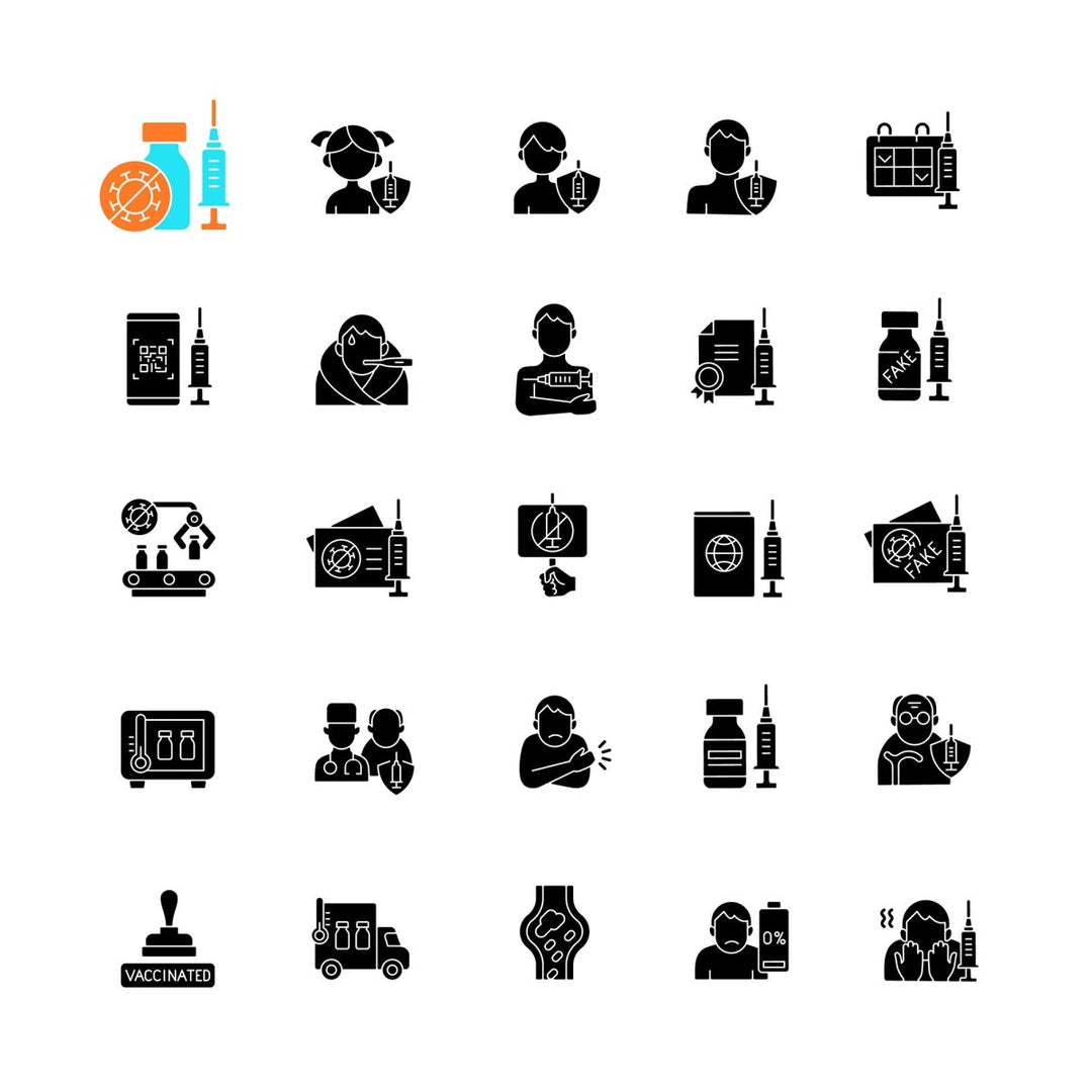 Vaccination and covid passport black glyph icons set on white space