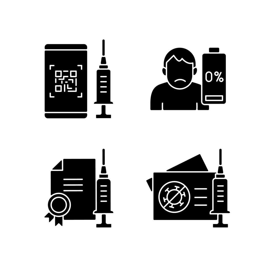 Vaccination and covid passport black glyph icons set on white space