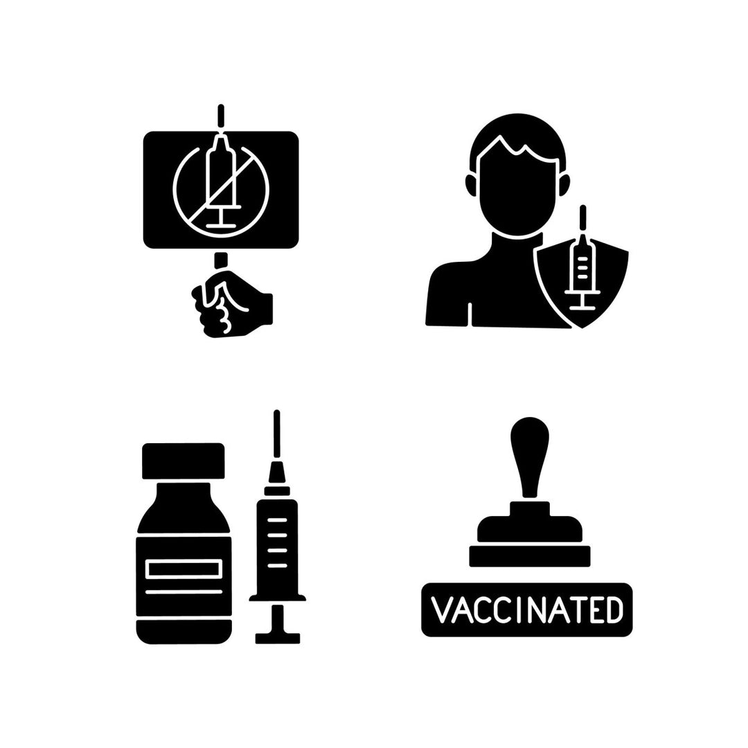 Vaccination and covid passport black glyph icons set on white space