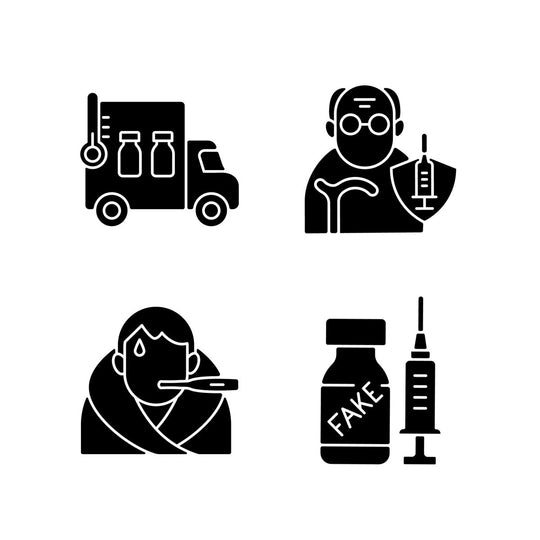 Vaccination and covid passport black glyph icons set on white space