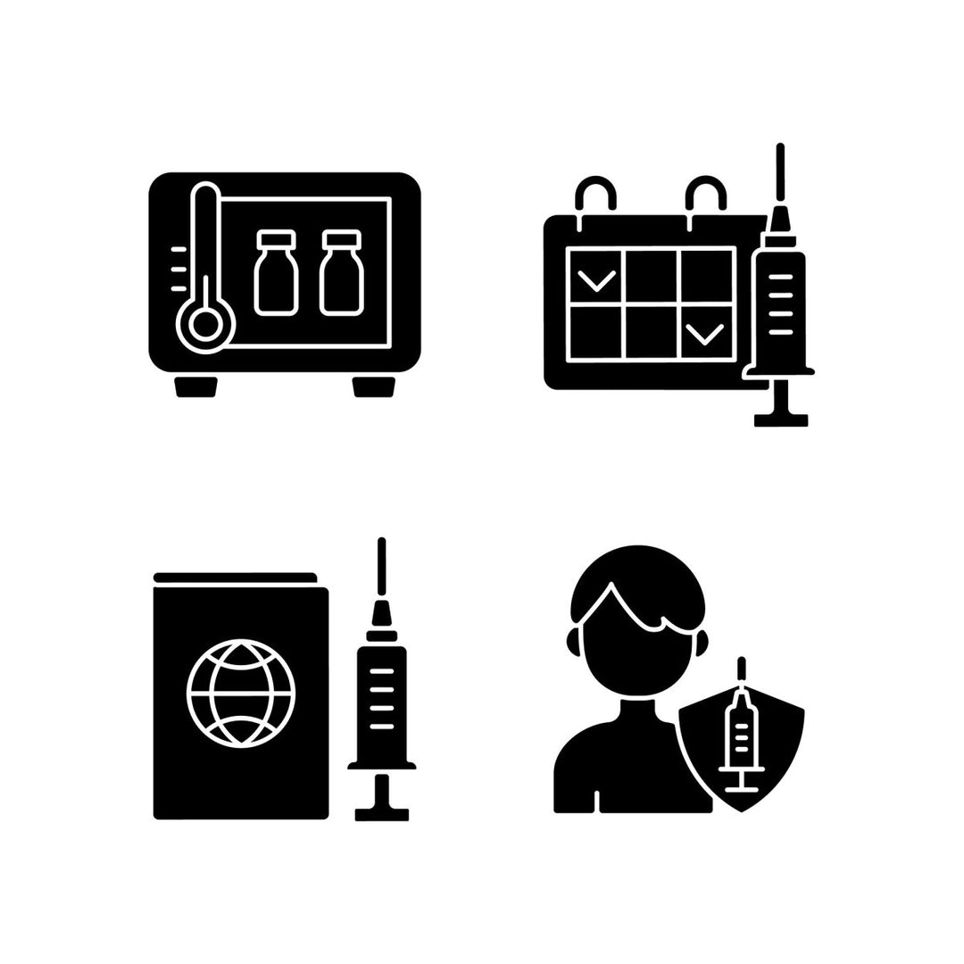 Vaccination and covid passport black glyph icons set on white space