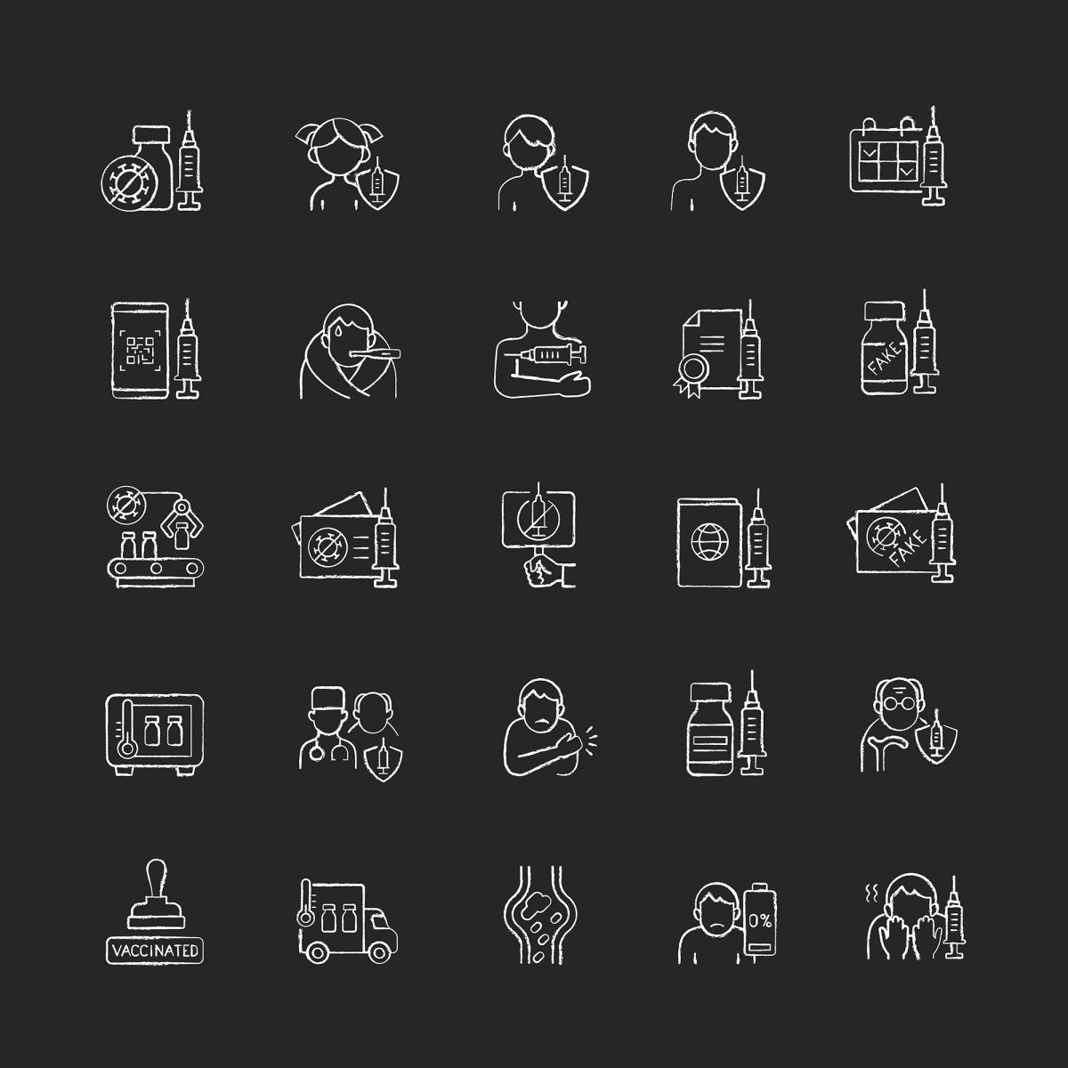 Vaccination and covid passport chalk white icons set on black background