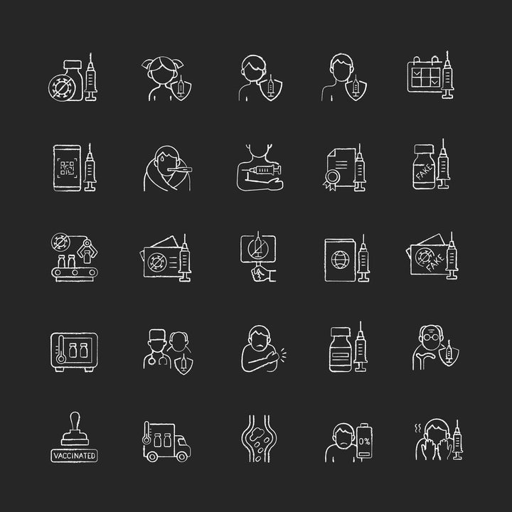 Vaccination and covid passport chalk white icons set on black background