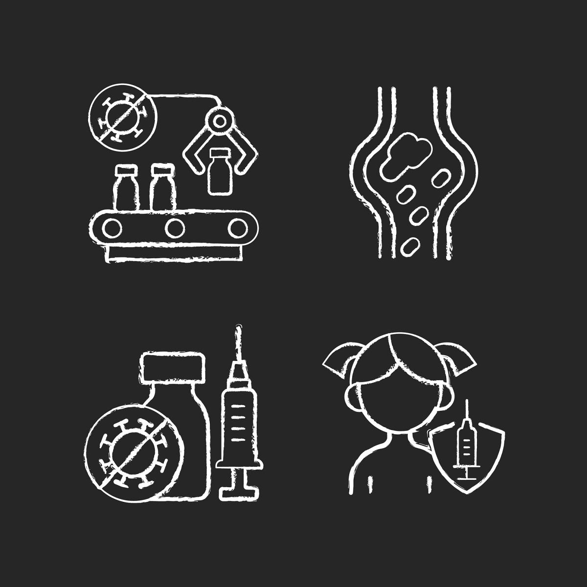 Vaccination and covid passport chalk white icons set on black background