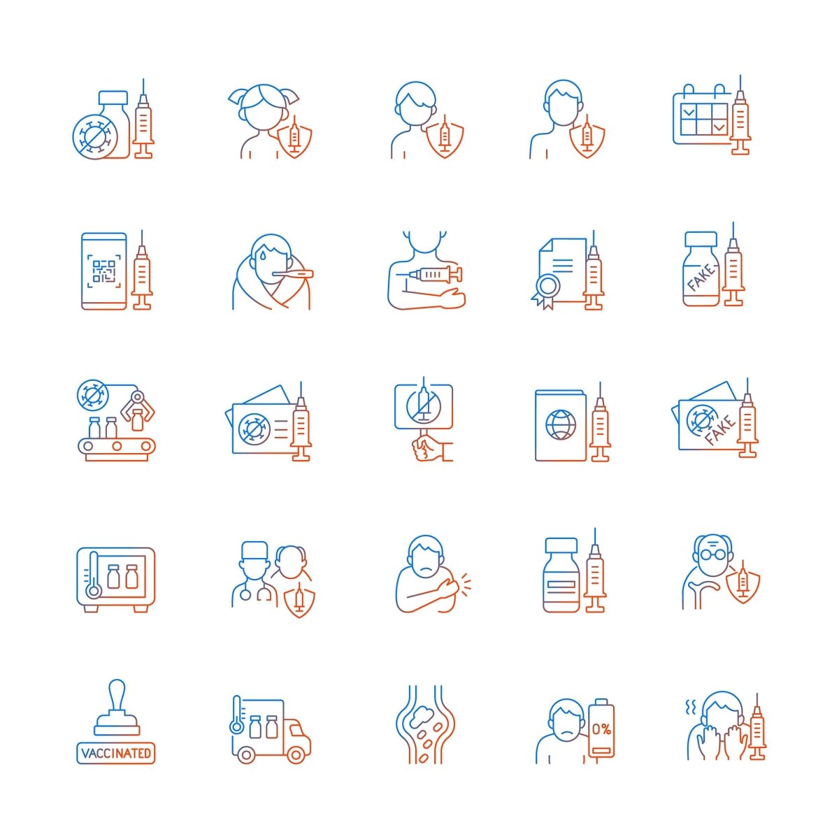 Vaccination and covid passport gradient linear vector icons set
