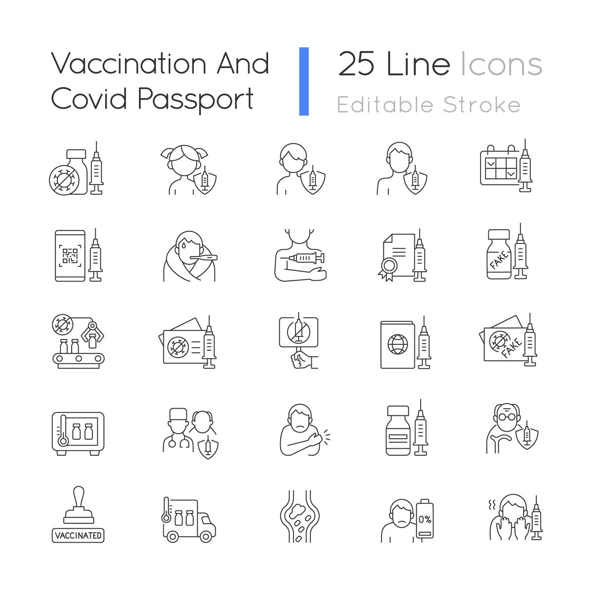 Vaccination and covid passport linear icons set