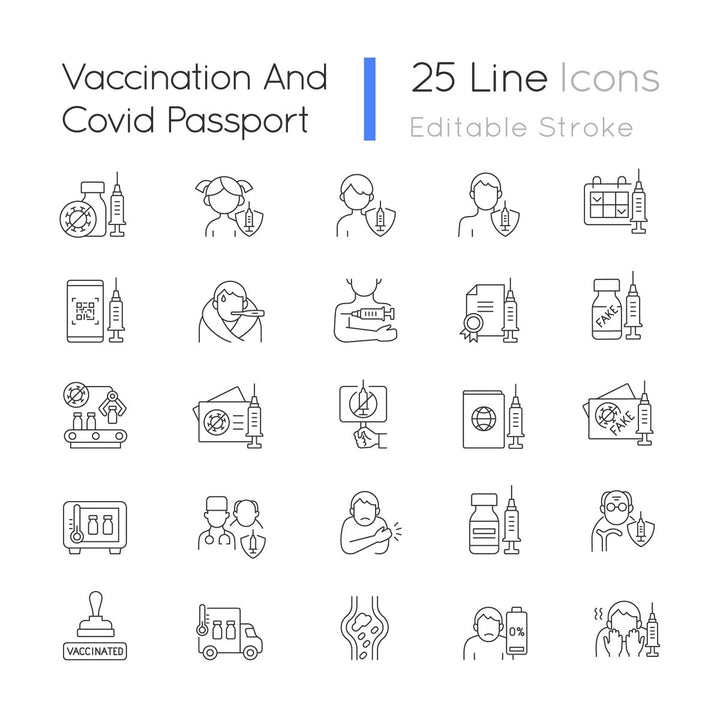 Vaccination and covid passport linear icons set