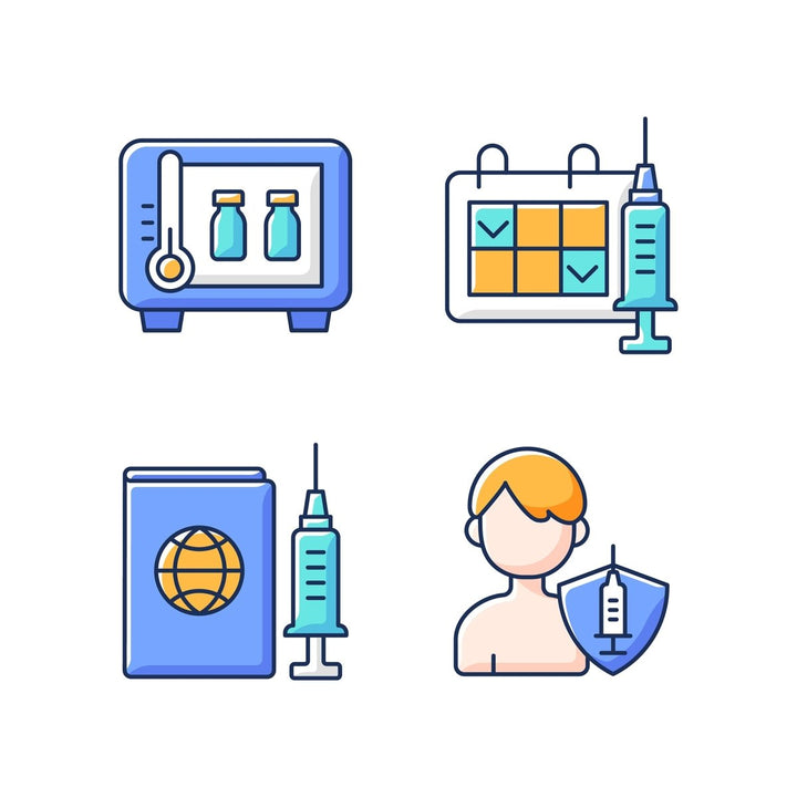 Vaccination and covid passport RGB color icons set