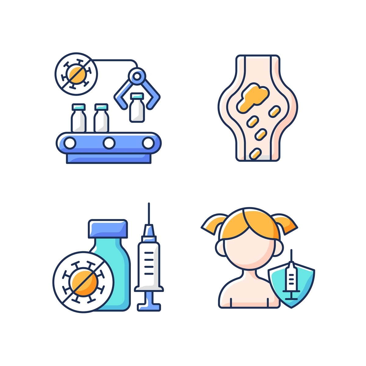 Vaccination and covid passport RGB color icons set