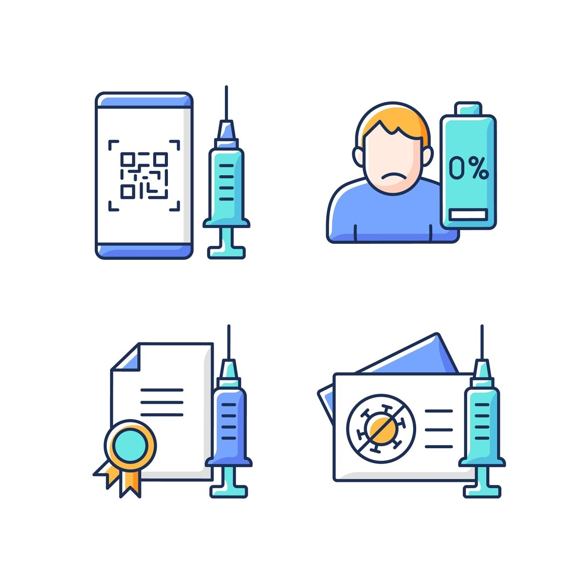 Vaccination and covid passport RGB color icons set