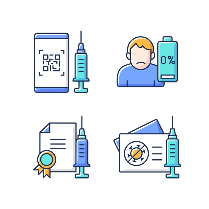 Vaccination and covid passport RGB color icons set