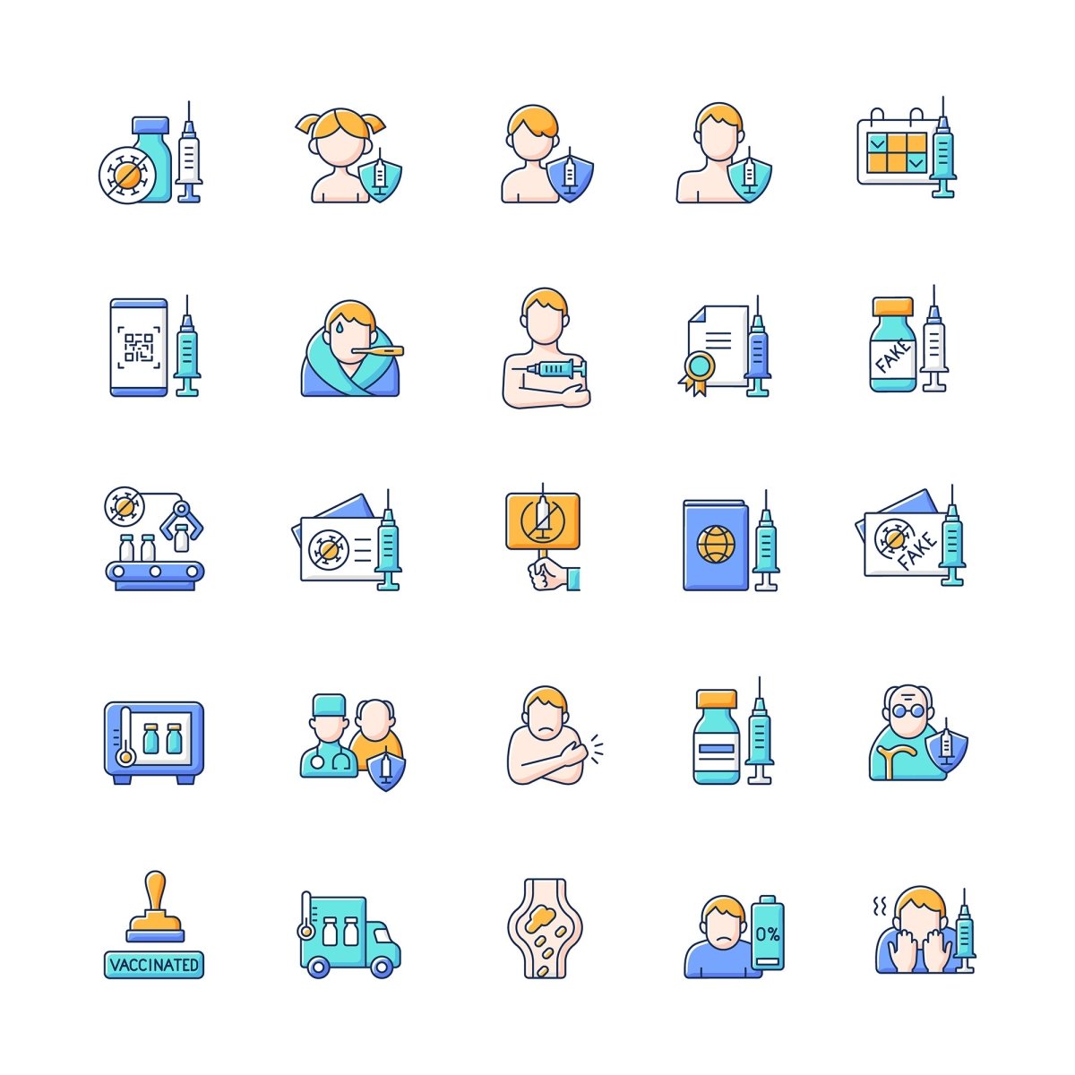 Vaccination and covid passport RGB color icons set