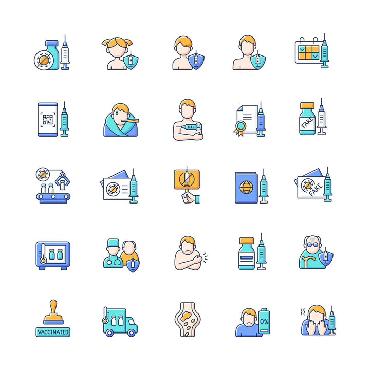 Vaccination and covid passport RGB color icons set