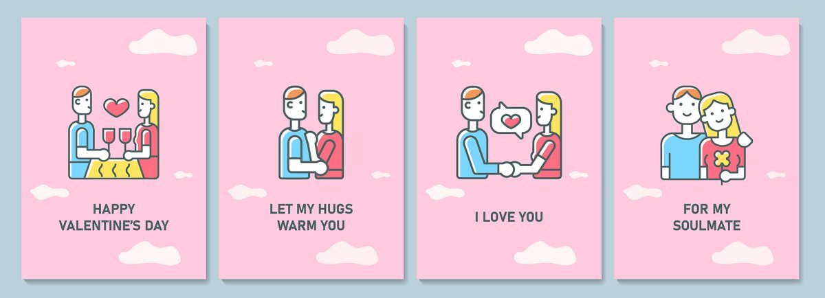 Valentines day greeting card with color icon element set