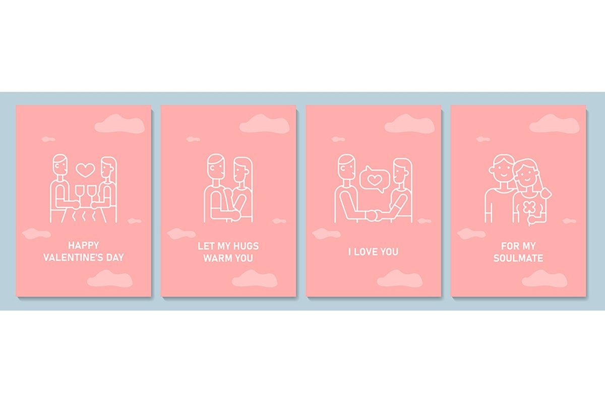 Valentines day postcard with linear glyph icon set