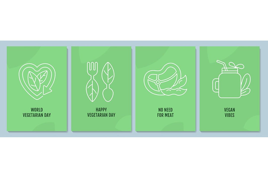 Veganism movement postcards with linear glyph icon set