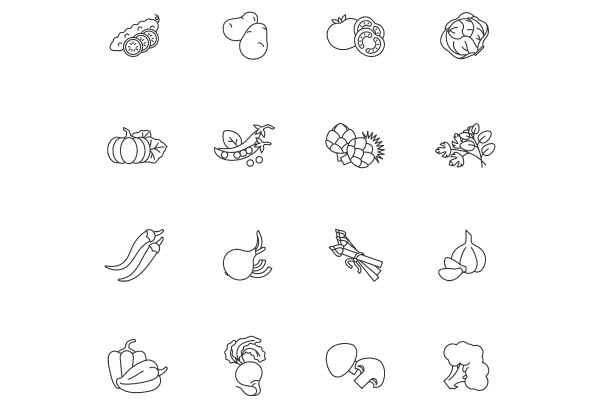 Vegetable pixel perfect linear icons set