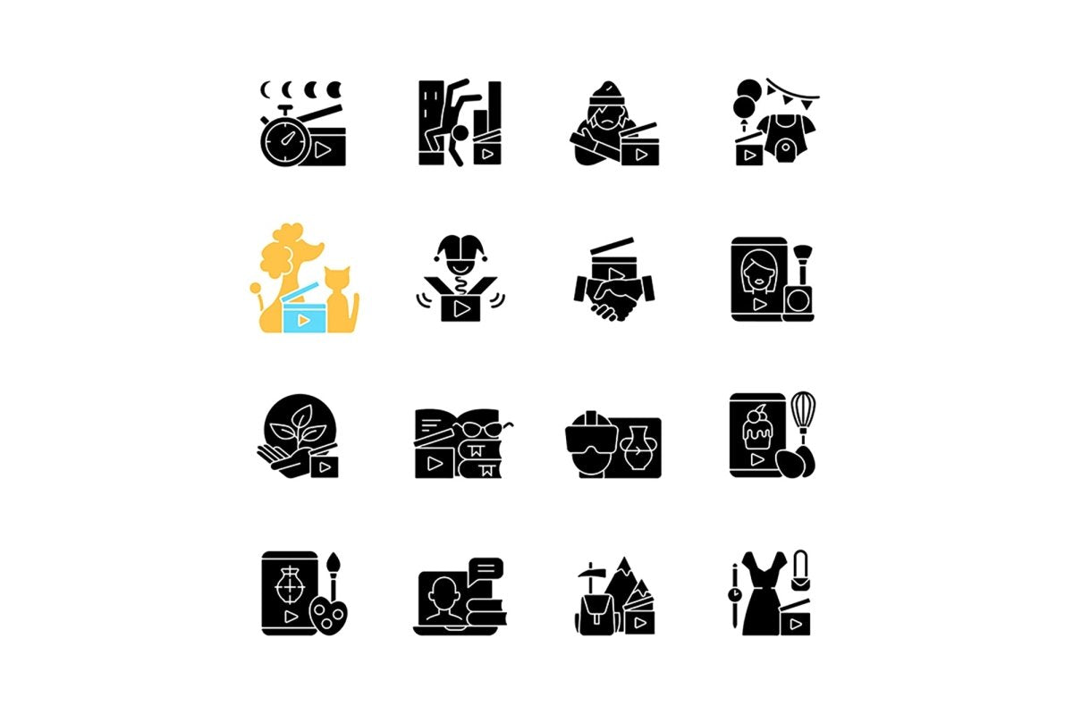 Videography black glyph icons set on white space