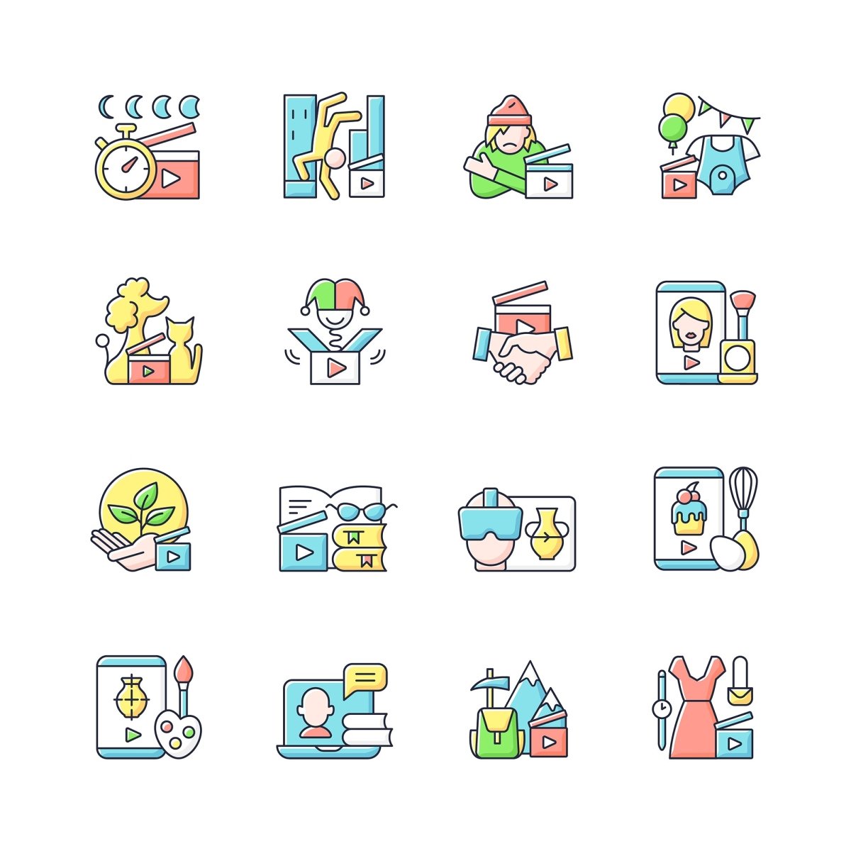 Videography RGB color icons set