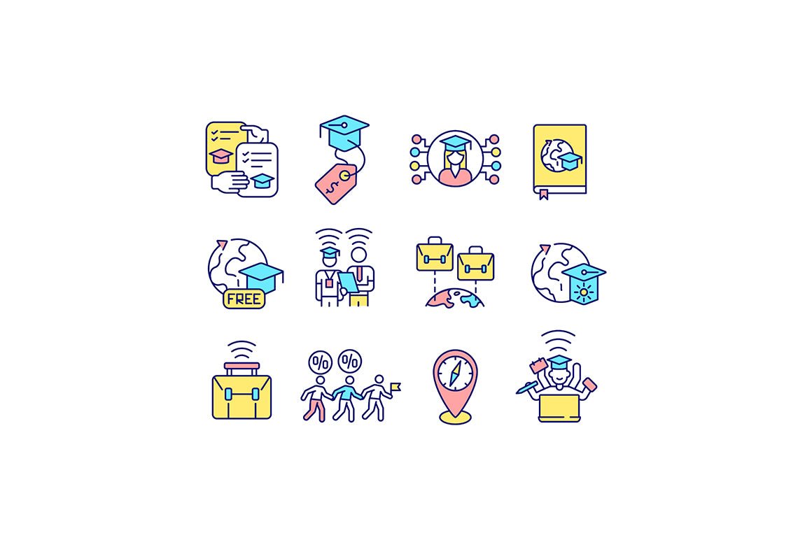 Virtual international internship RGB color icons set