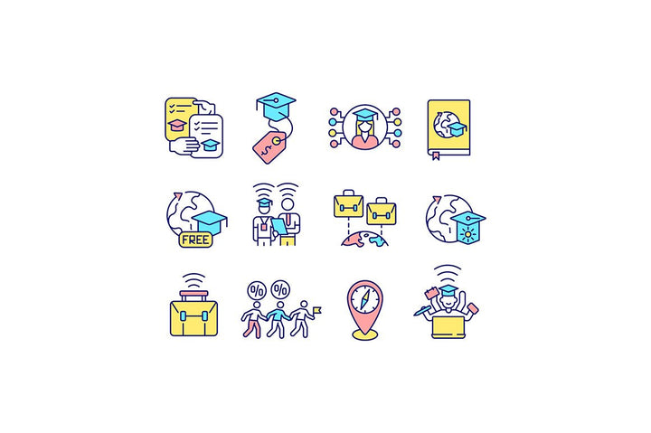 Virtual international internship RGB color icons set