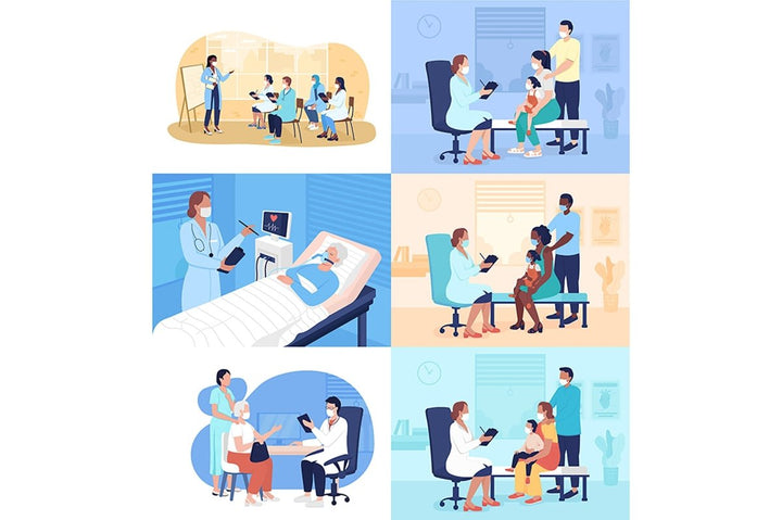Visit doctor flat color vector illustrations