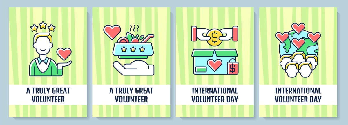Volunteerism celebration greeting card with color icon element set