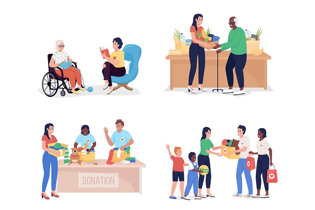 Volunteers with visitors color vector character set