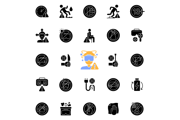Vr headset black glyph manual label icons set on white space