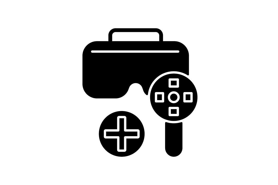 Vr headset black glyph manual label icons set on white space