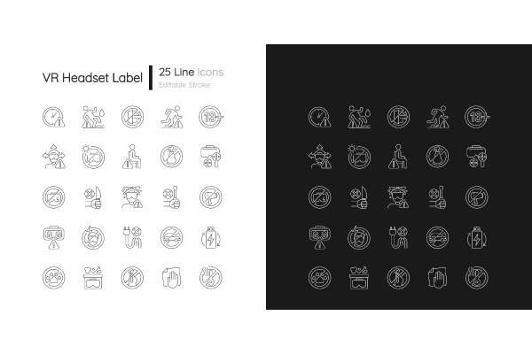 VR headset linear manual label icons set for dark and light mode