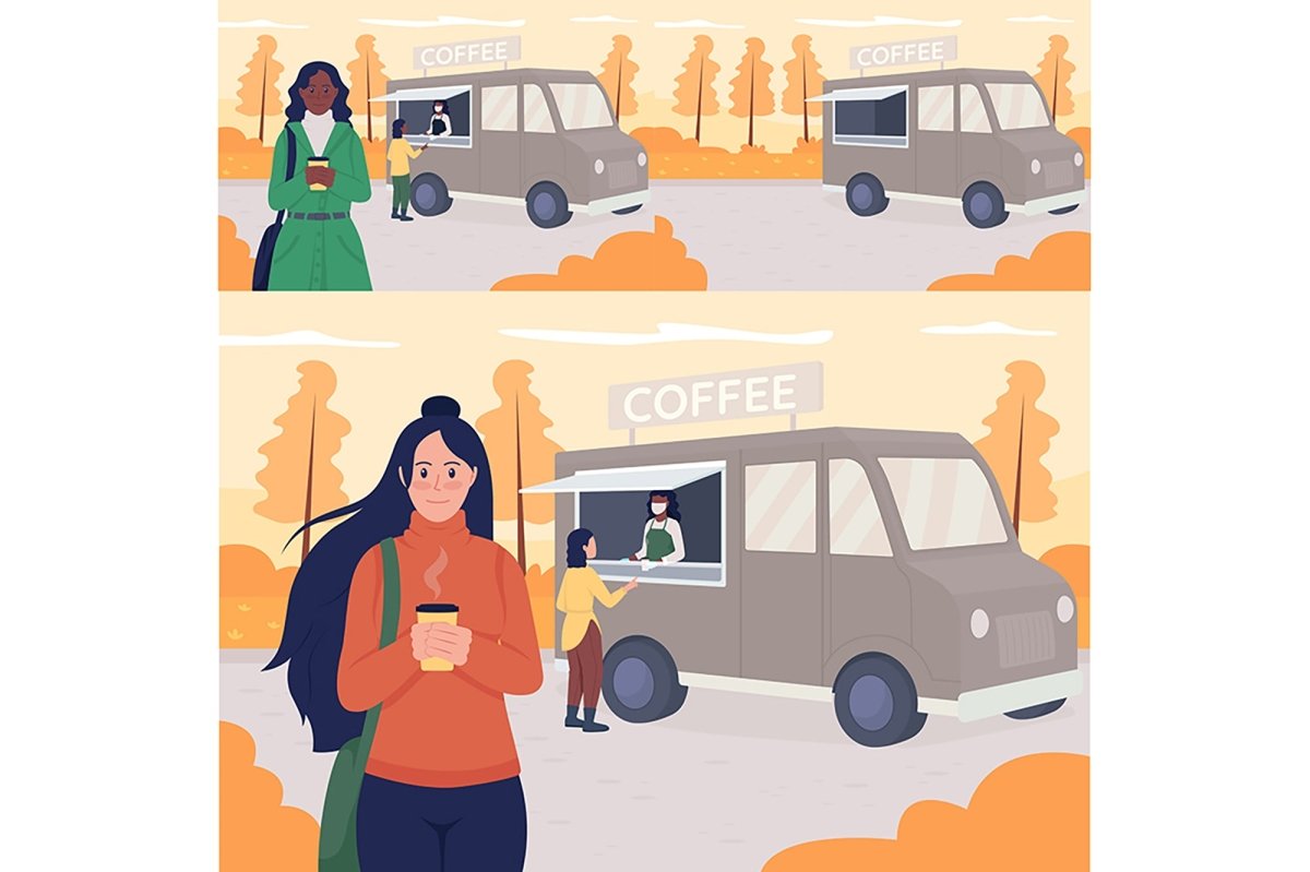 Walk in autumn flat color vector illustrations