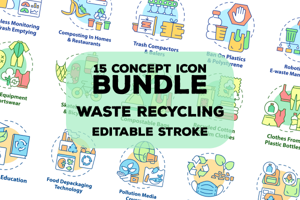 Waste Recycling Concept Icons Bundle. Editable Stroke
