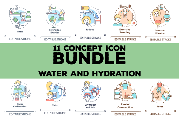 Water and hydration concept icons bundle. Editable Stroke