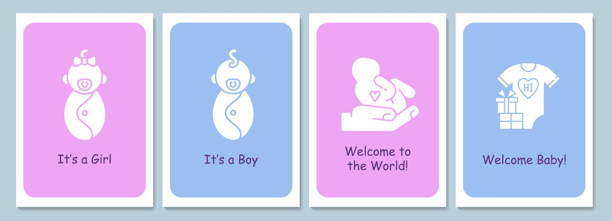 Welcome newborn in family greeting cards with glyph icon element set