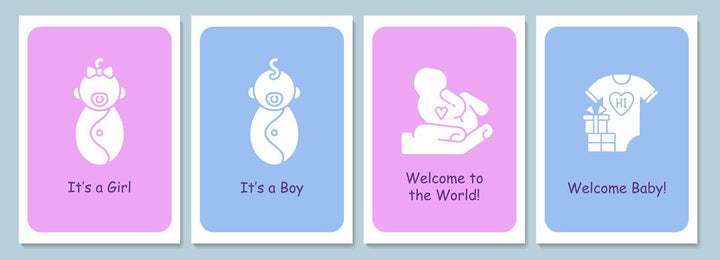 Welcome newborn in family greeting cards with glyph icon element set