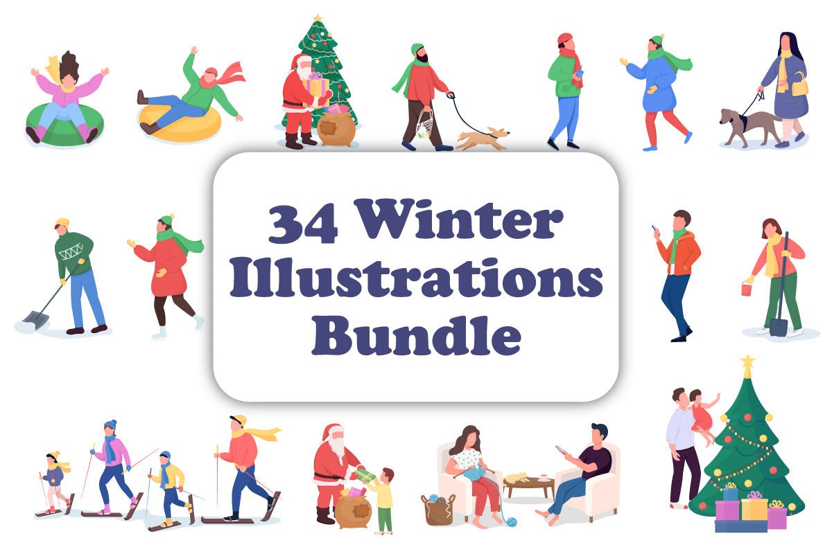 Winter activity color vector characters bundle