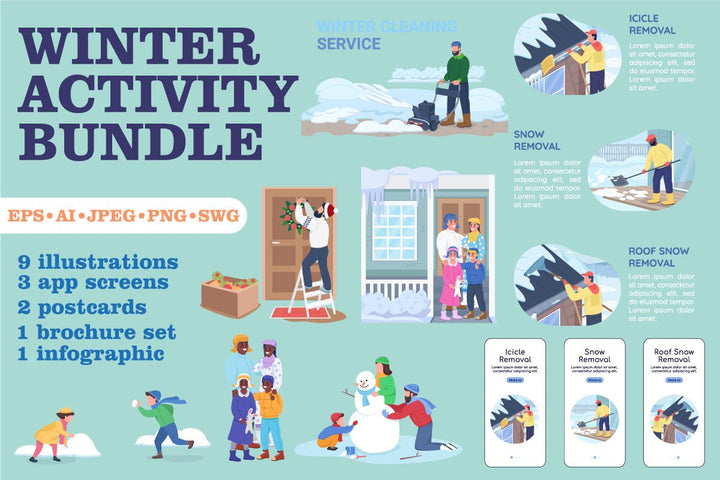 Winter activity flat color vector bundle