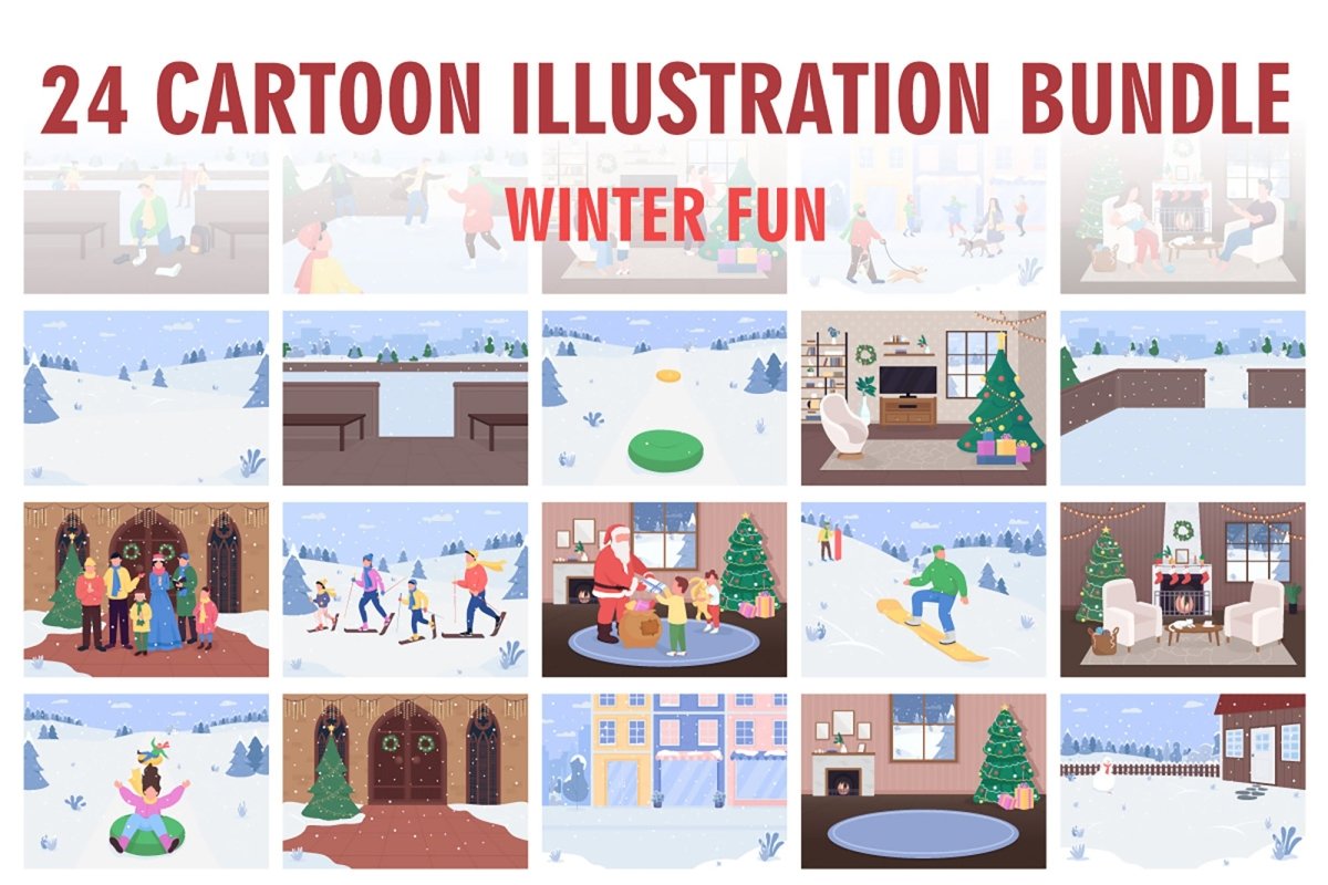 Winter fun flat color vector illustration bundle