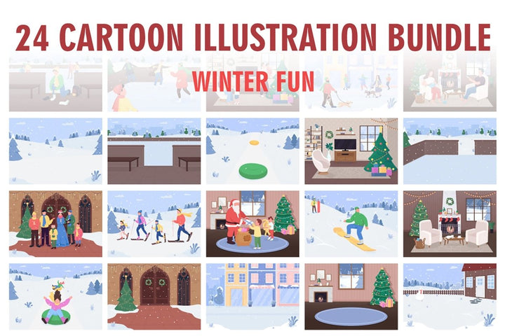Winter fun flat color vector illustration bundle