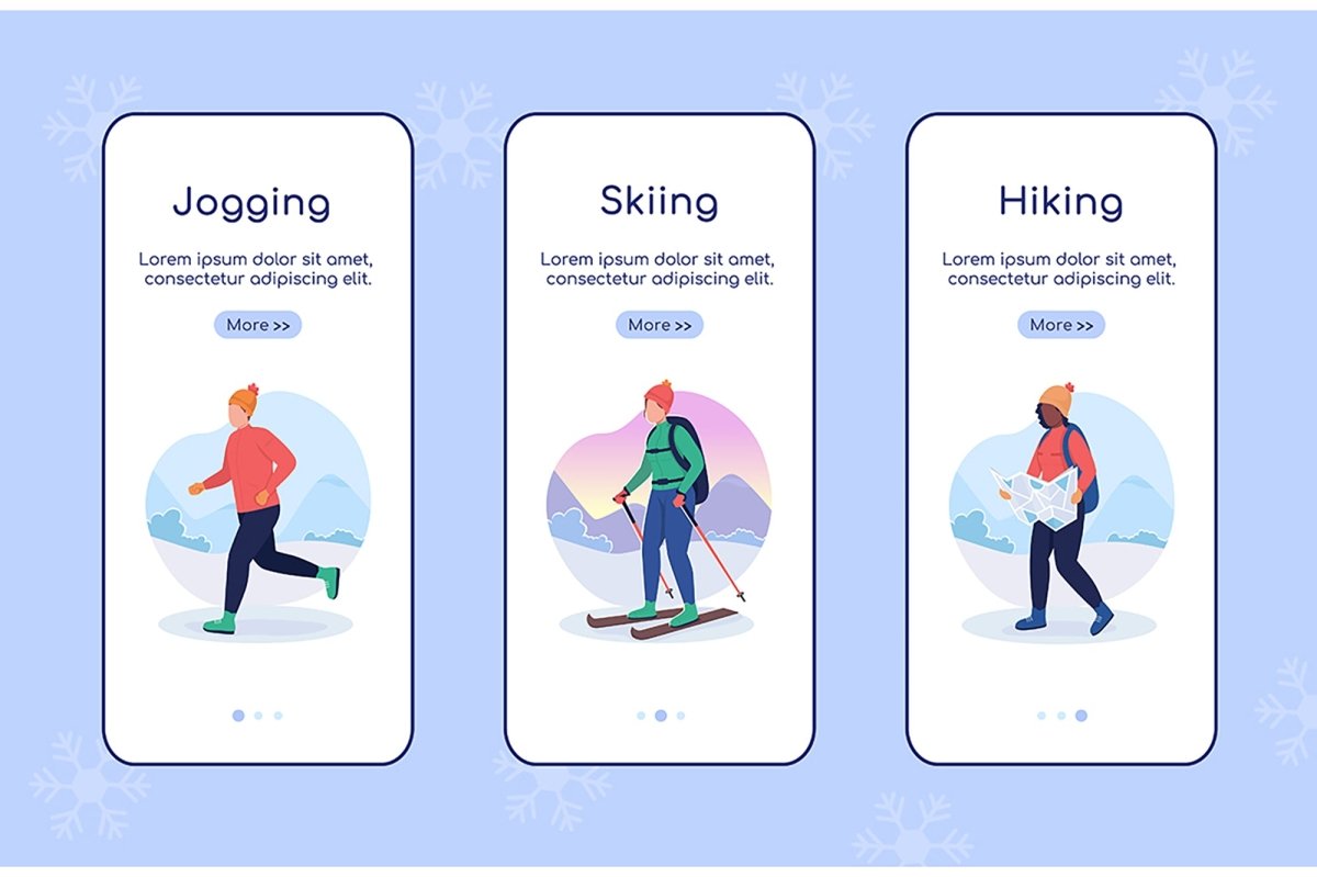 Winter hiking flat vector template set