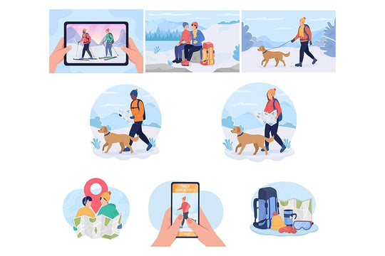 Winter hiking vector isolated illustration set