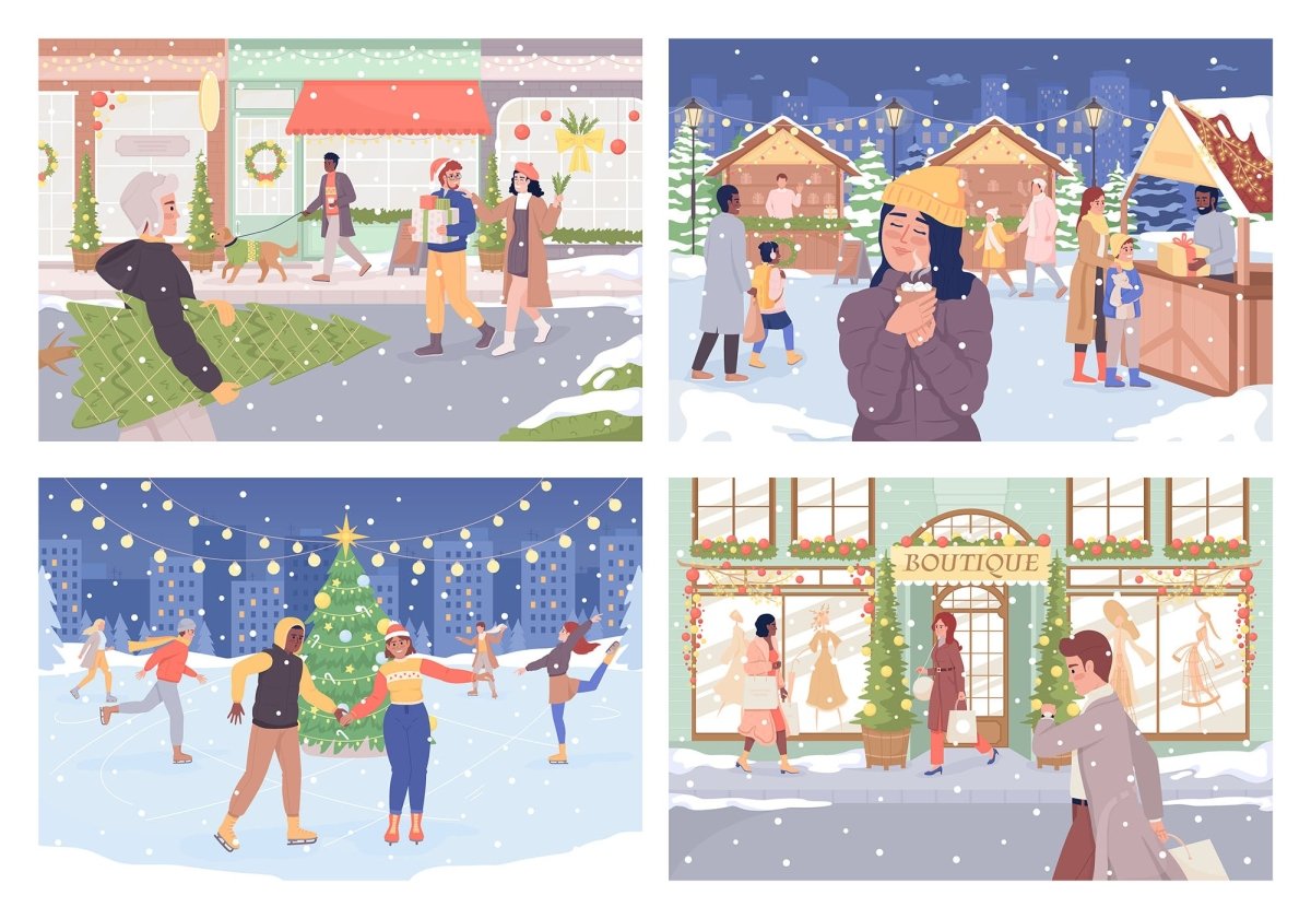 Winter outdoor recreation flat color vector illustration set