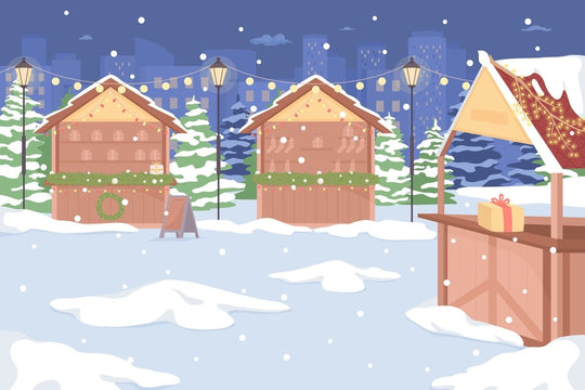 Winter outdoor scenes on Christmas eve flat color vector illustration set