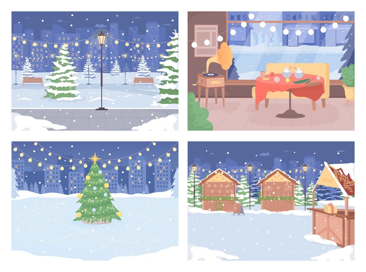 Winter outdoor scenes on Christmas eve flat color vector illustration set