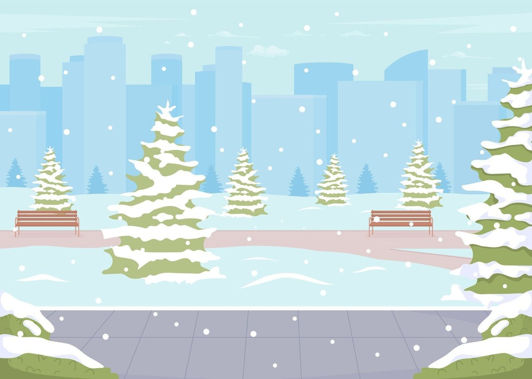 Winter park with evergreen trees flat color vector illustration